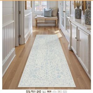 Light Blue and Cream Vintage-Style Runner Rug